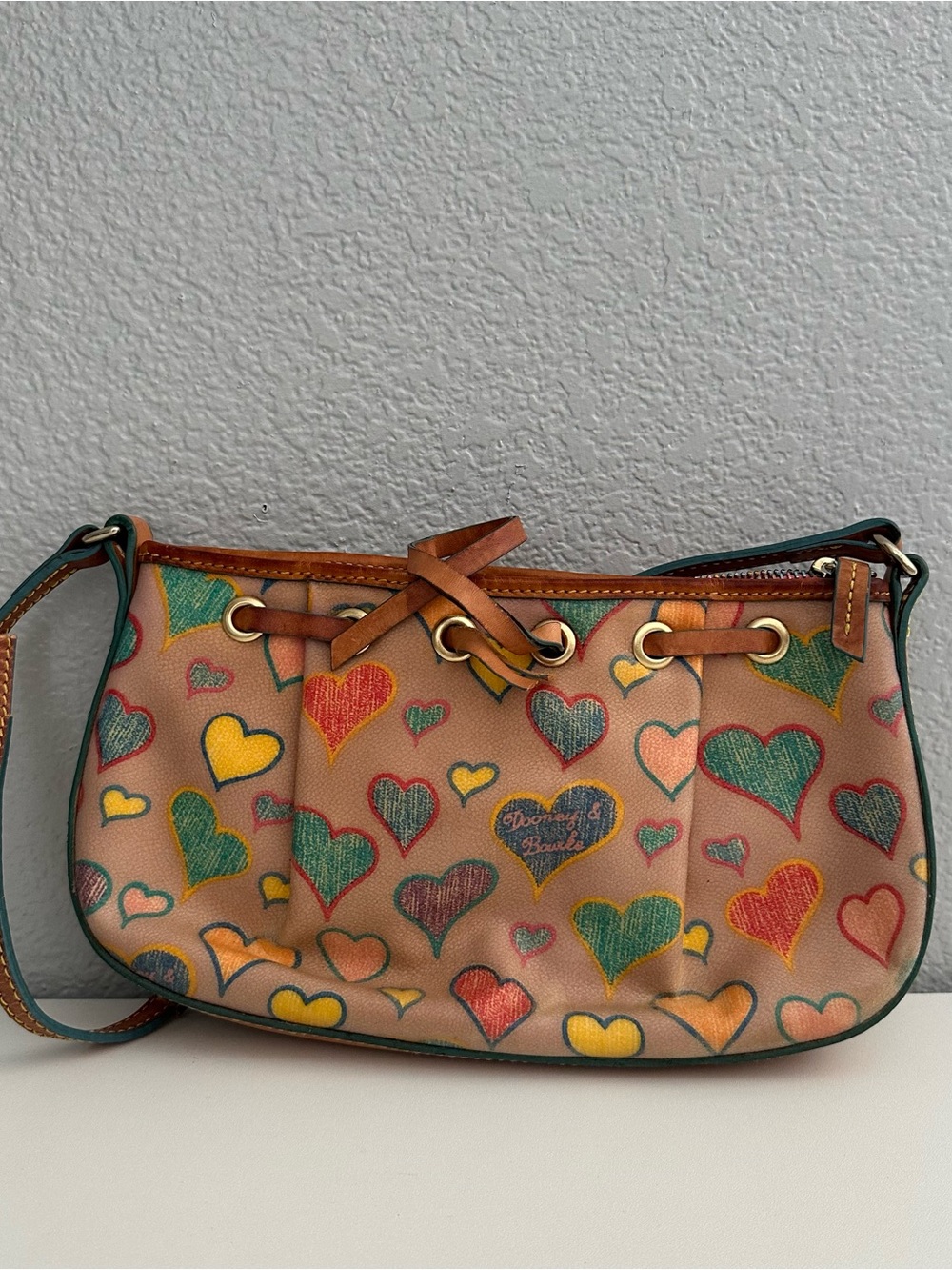 Damaged* Dooney & Bourke Tan Crossbody with Multicolor Heart Print